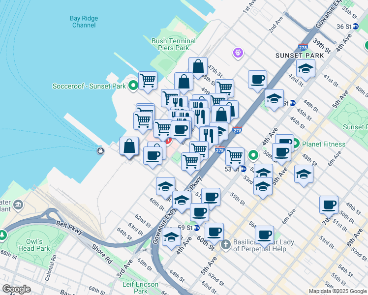 map of restaurants, bars, coffee shops, grocery stores, and more near 169 54th Street in Brooklyn