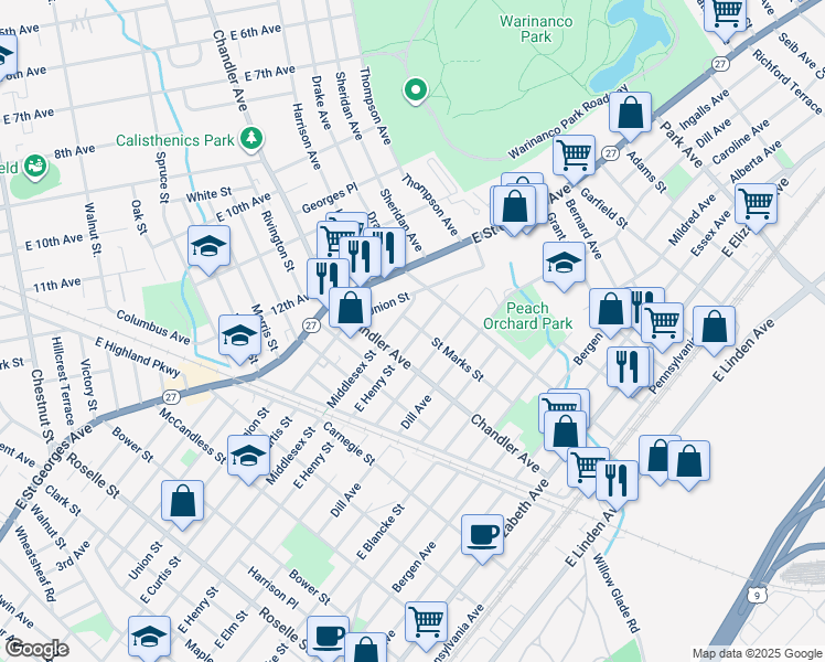 map of restaurants, bars, coffee shops, grocery stores, and more near 1304 Middlesex Street in Linden