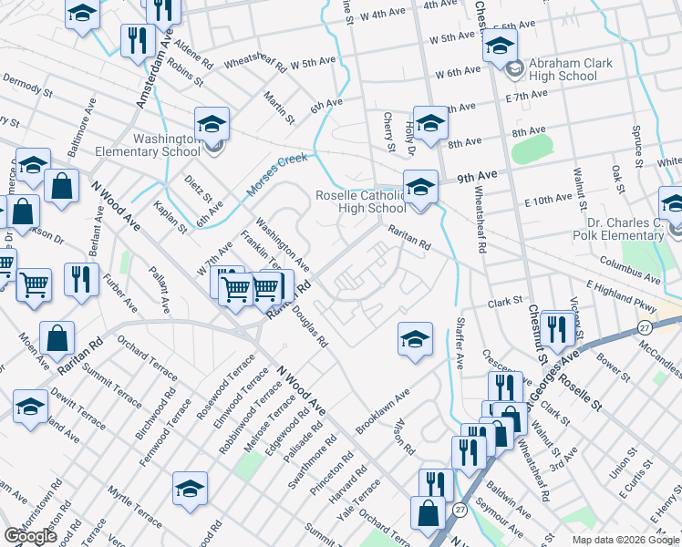 map of restaurants, bars, coffee shops, grocery stores, and more near 476 Raritan Road in Roselle