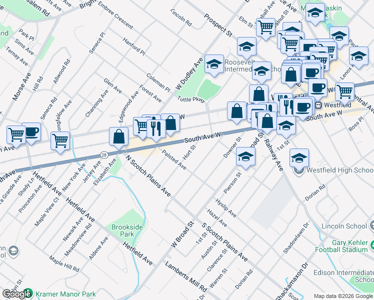map of restaurants, bars, coffee shops, grocery stores, and more near 534 Hort Street in Westfield