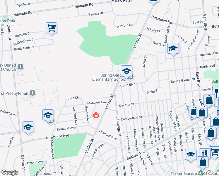 map of restaurants, bars, coffee shops, grocery stores, and more near 2426 Woodstock Drive in Bethlehem