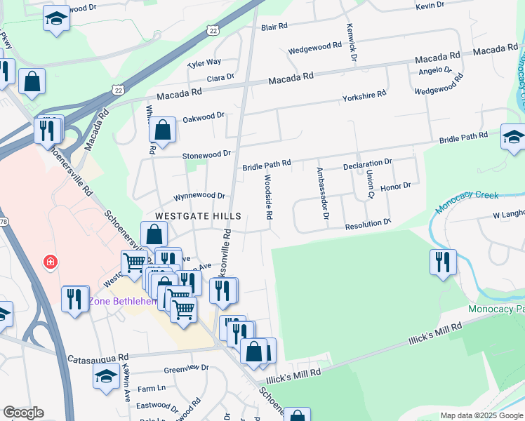 map of restaurants, bars, coffee shops, grocery stores, and more near 2665 Woodside Road in Bethlehem