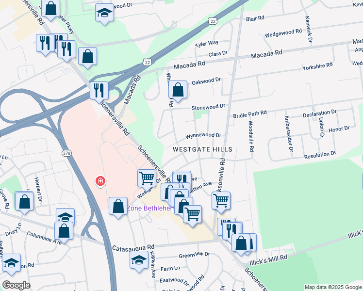 map of restaurants, bars, coffee shops, grocery stores, and more near 1444 Wynnewood Drive in Bethlehem