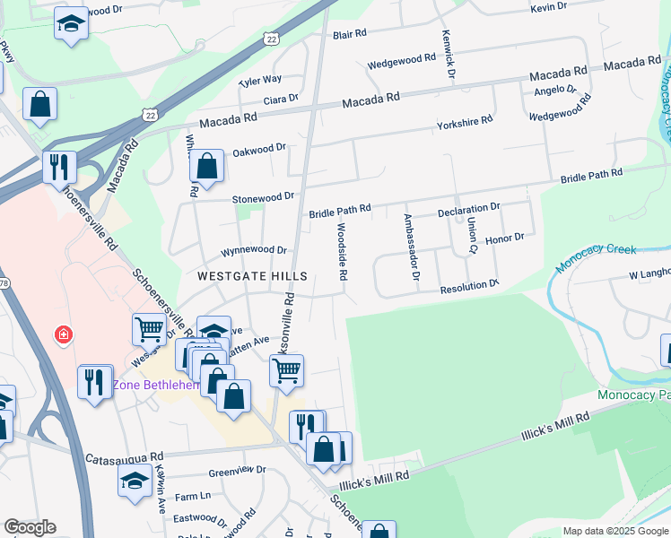map of restaurants, bars, coffee shops, grocery stores, and more near 2665 Woodside Road in Bethlehem