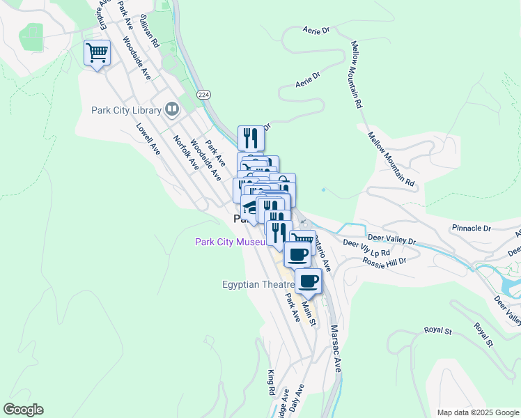 map of restaurants, bars, coffee shops, grocery stores, and more near 695 Park Avenue in Park City