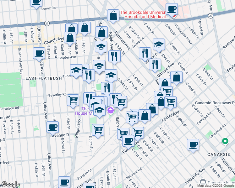 map of restaurants, bars, coffee shops, grocery stores, and more near 1193 Ralph Avenue in Brooklyn