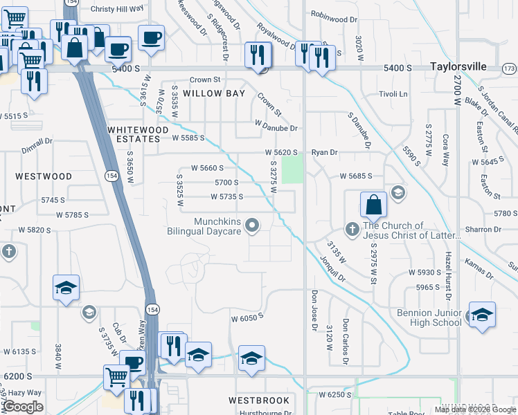 map of restaurants, bars, coffee shops, grocery stores, and more near 3329 West 5735 South in Salt Lake City