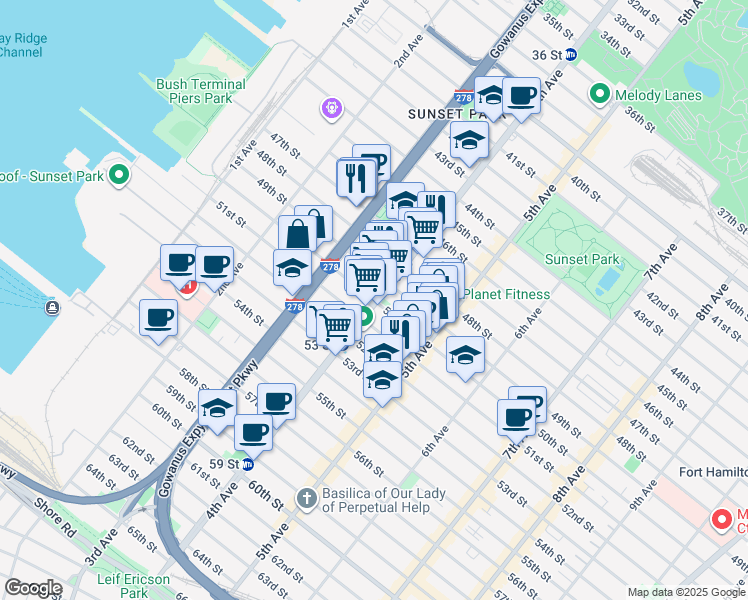 map of restaurants, bars, coffee shops, grocery stores, and more near 4th Ave & 50th St in Brooklyn