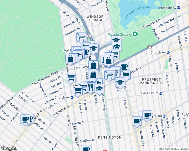 map of restaurants, bars, coffee shops, grocery stores, and more near 132 Ocean Parkway in Brooklyn