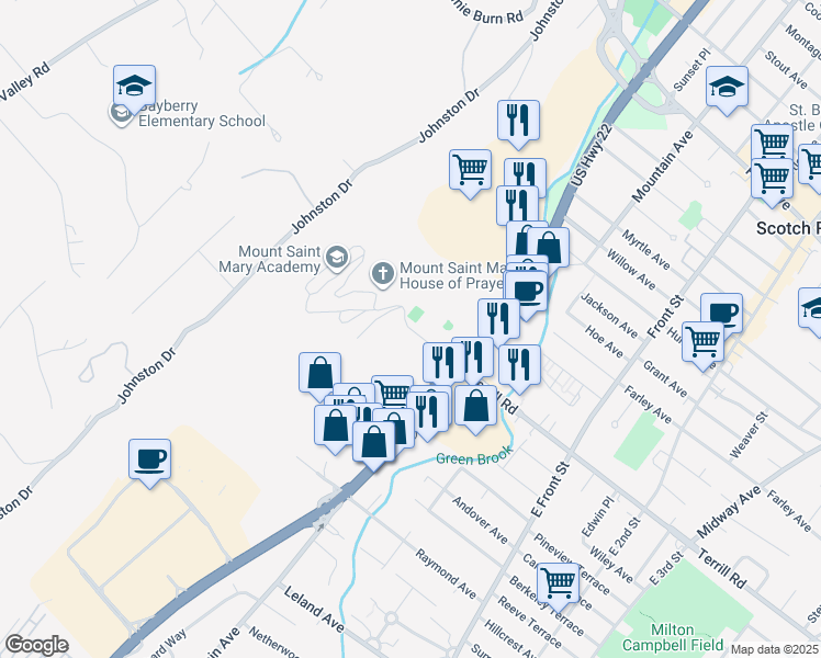 map of restaurants, bars, coffee shops, grocery stores, and more near Terrill Road in Plainfield