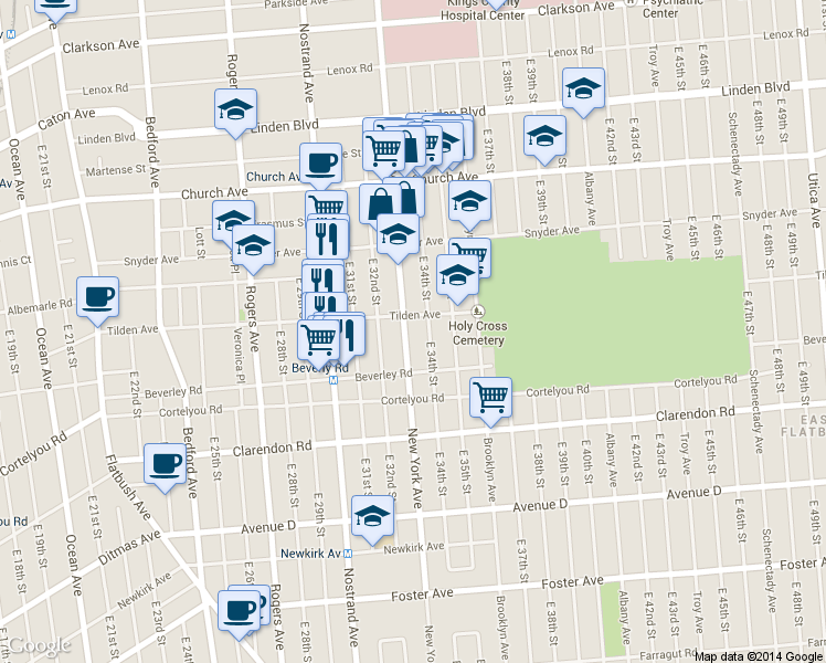 map of restaurants, bars, coffee shops, grocery stores, and more near 1089 New York Avenue in Brooklyn