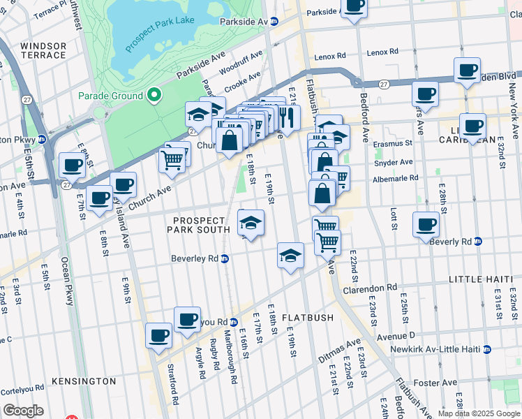 map of restaurants, bars, coffee shops, grocery stores, and more near 189 East 18th Street in Brooklyn