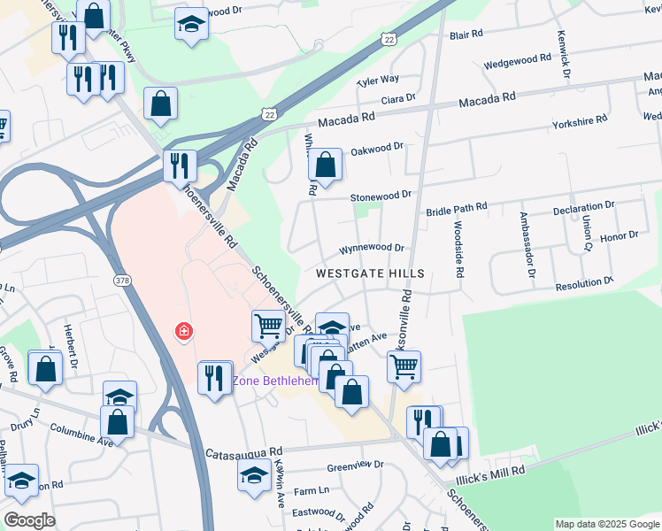 map of restaurants, bars, coffee shops, grocery stores, and more near 1444 Wynnewood Drive in Bethlehem