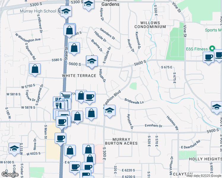 map of restaurants, bars, coffee shops, grocery stores, and more near 5762 Mcmillan Circle in Salt Lake City