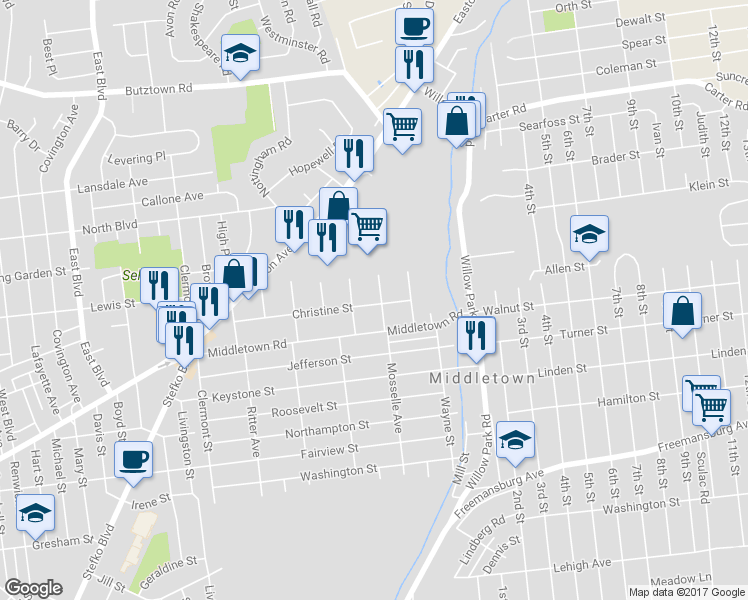 map of restaurants, bars, coffee shops, grocery stores, and more near 3065 Christine Street in Bethlehem