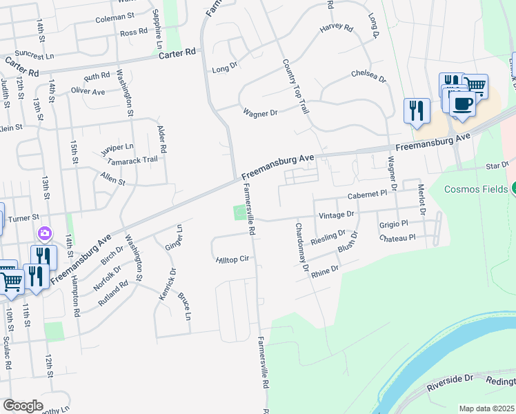 map of restaurants, bars, coffee shops, grocery stores, and more near 2024 Farmersville Road in Bethlehem