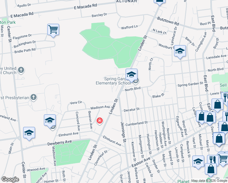map of restaurants, bars, coffee shops, grocery stores, and more near 2426 Woodstock Drive in Bethlehem
