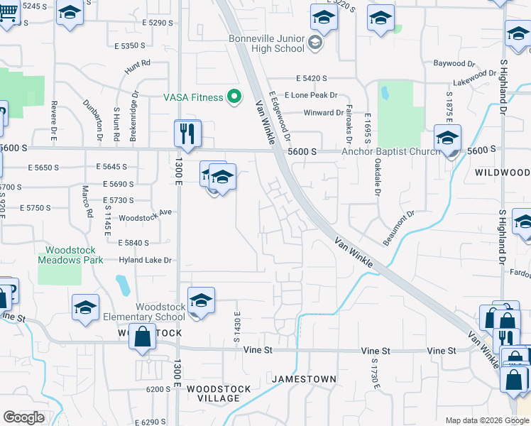map of restaurants, bars, coffee shops, grocery stores, and more near 5761 South Waterbury Circle in Murray