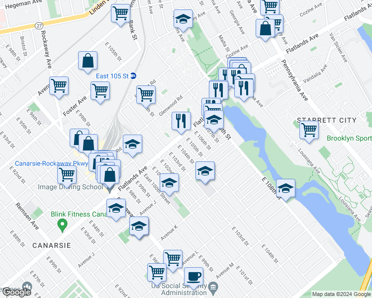 map of restaurants, bars, coffee shops, grocery stores, and more near 933 East 104th Street in Brooklyn