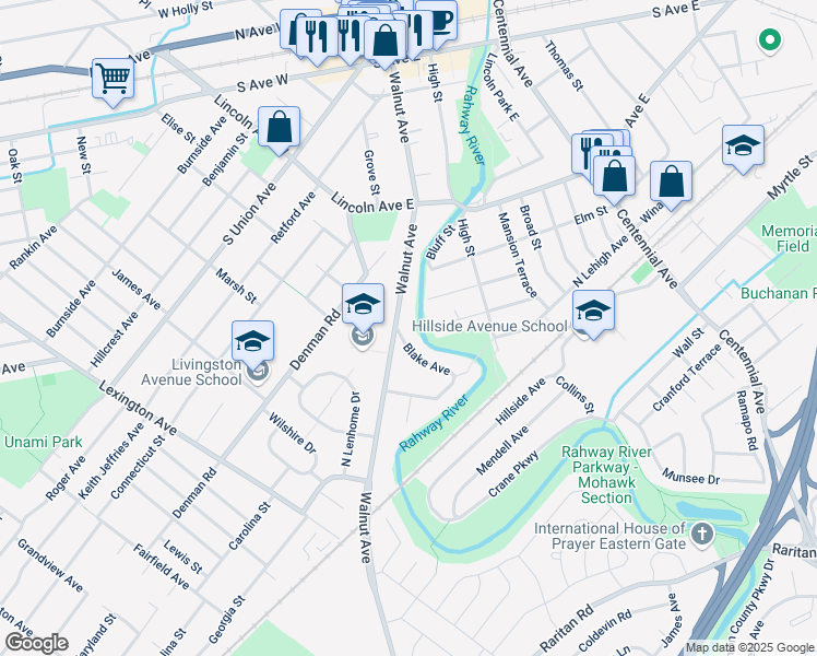 map of restaurants, bars, coffee shops, grocery stores, and more near 343 Walnut Avenue in Cranford