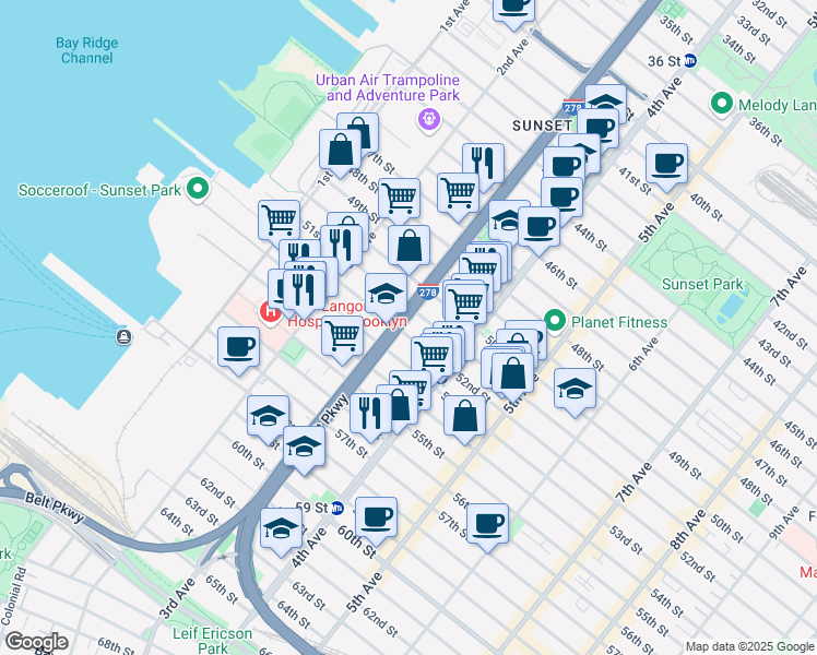 map of restaurants, bars, coffee shops, grocery stores, and more near 5114 3rd Avenue in Brooklyn
