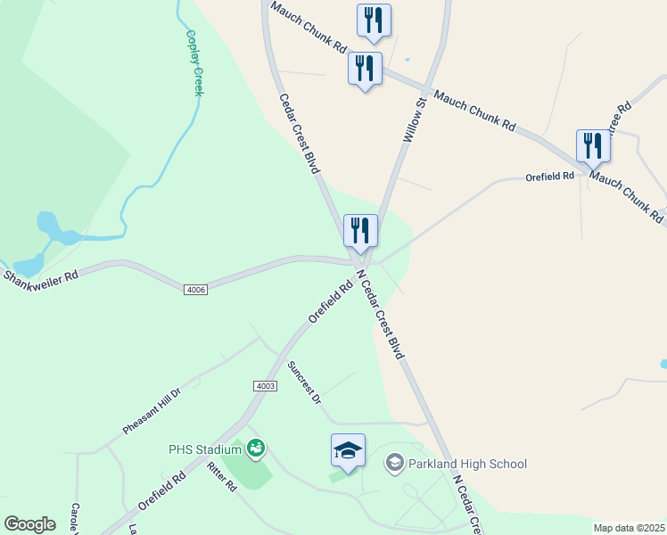 map of restaurants, bars, coffee shops, grocery stores, and more near 3130 Shankweiler Road in Allentown