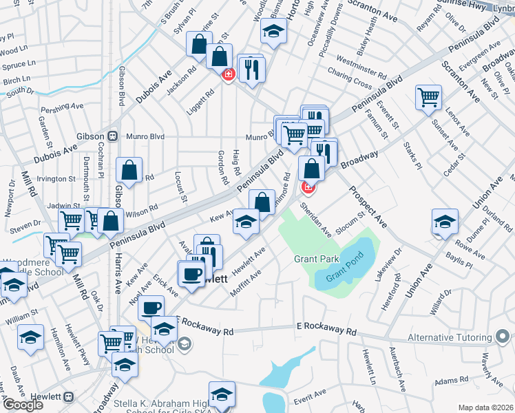 map of restaurants, bars, coffee shops, grocery stores, and more near 29 Berwick Road in Hewlett
