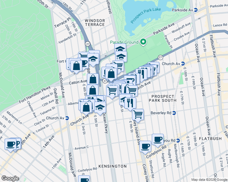 map of restaurants, bars, coffee shops, grocery stores, and more near 130 East 8th Street in Brooklyn
