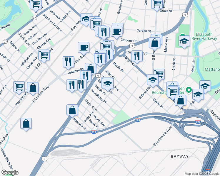 map of restaurants, bars, coffee shops, grocery stores, and more near 703 Bacheller Avenue in Linden