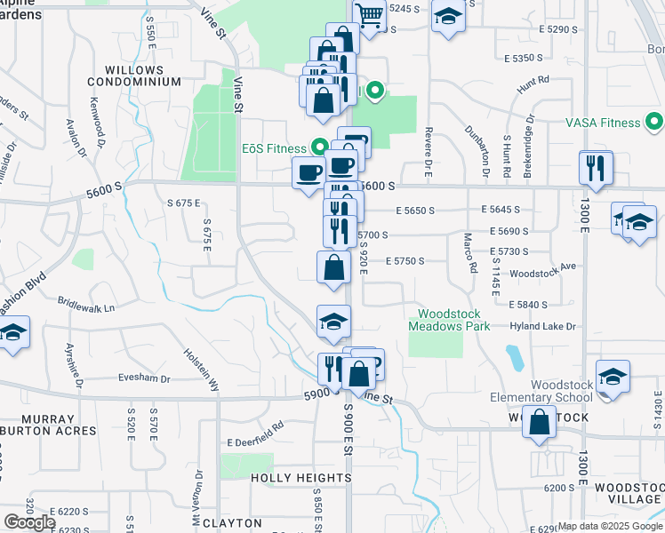 map of restaurants, bars, coffee shops, grocery stores, and more near 5710 South 900 East in Murray