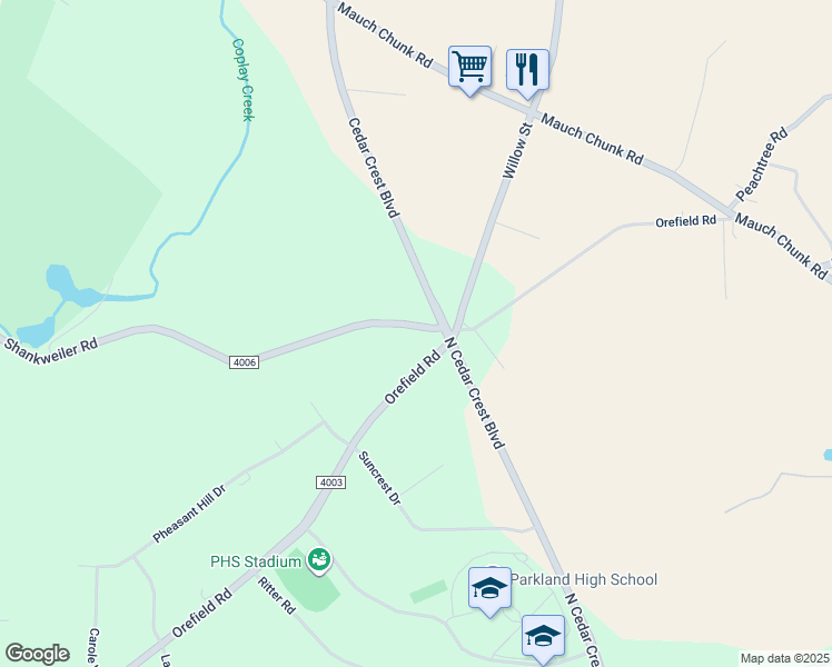 map of restaurants, bars, coffee shops, grocery stores, and more near 3130 Shankweiler Road in Allentown