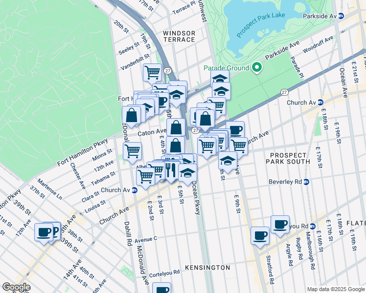 map of restaurants, bars, coffee shops, grocery stores, and more near 132 Ocean Parkway in Brooklyn
