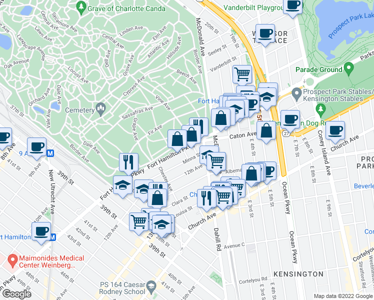 map of restaurants, bars, coffee shops, grocery stores, and more near 3351 Fort Hamilton Parkway in Brooklyn