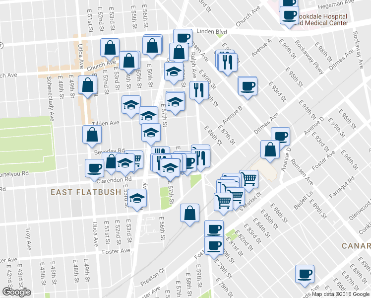 map of restaurants, bars, coffee shops, grocery stores, and more near 5818 Beverley Road in Brooklyn