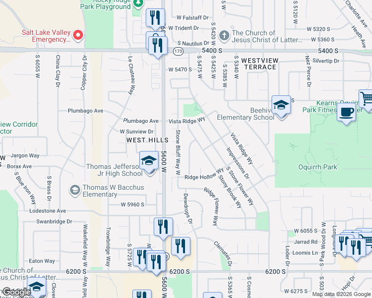 map of restaurants, bars, coffee shops, grocery stores, and more near 5754 Crest Flower Way in Salt Lake City
