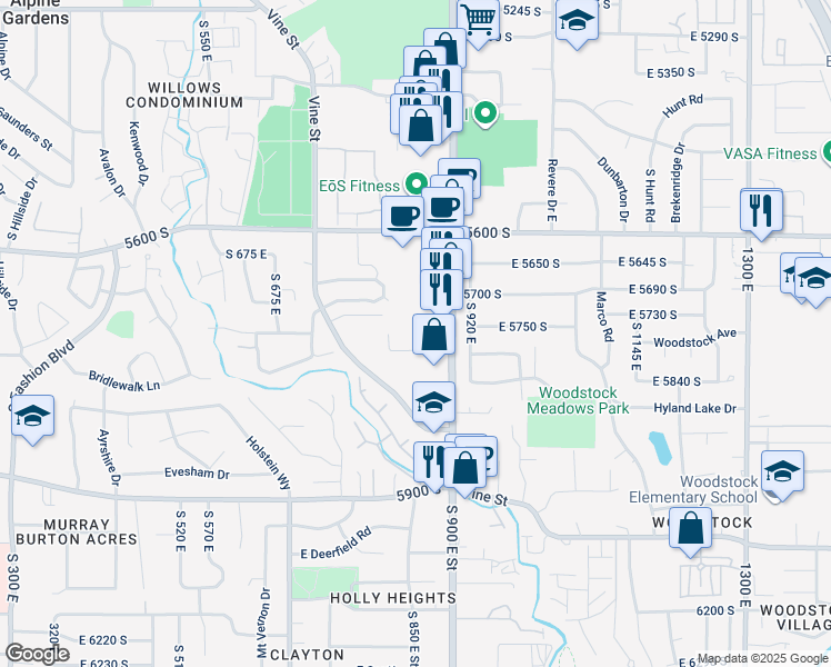 map of restaurants, bars, coffee shops, grocery stores, and more near 5692 South 900 East in Murray