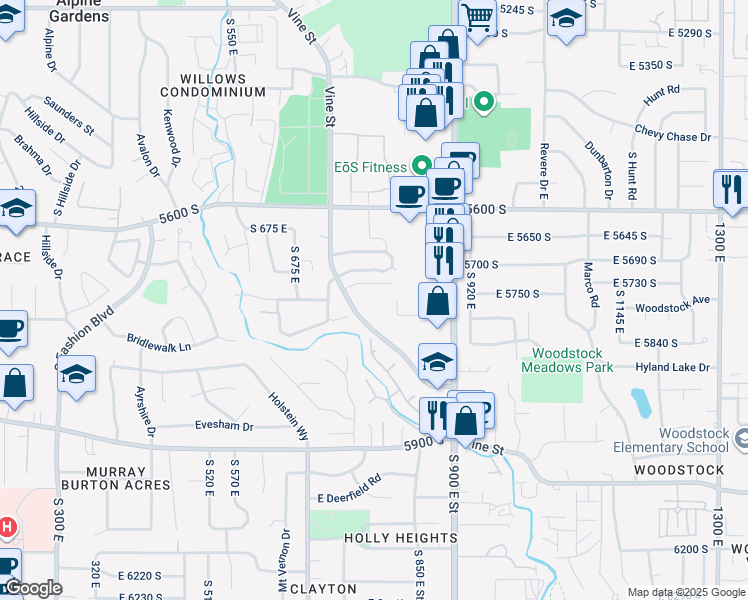 map of restaurants, bars, coffee shops, grocery stores, and more near 789 Vine Street in Murray