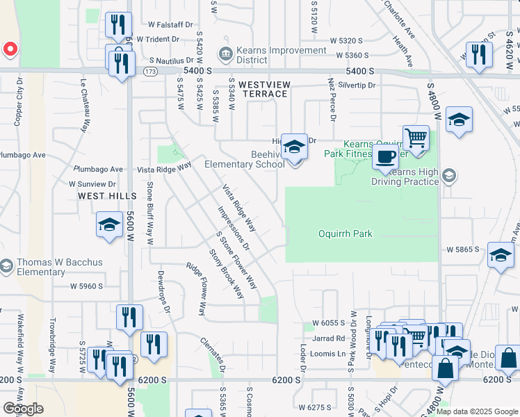 map of restaurants, bars, coffee shops, grocery stores, and more near 5286 Vista Ridge Circle in Kearns