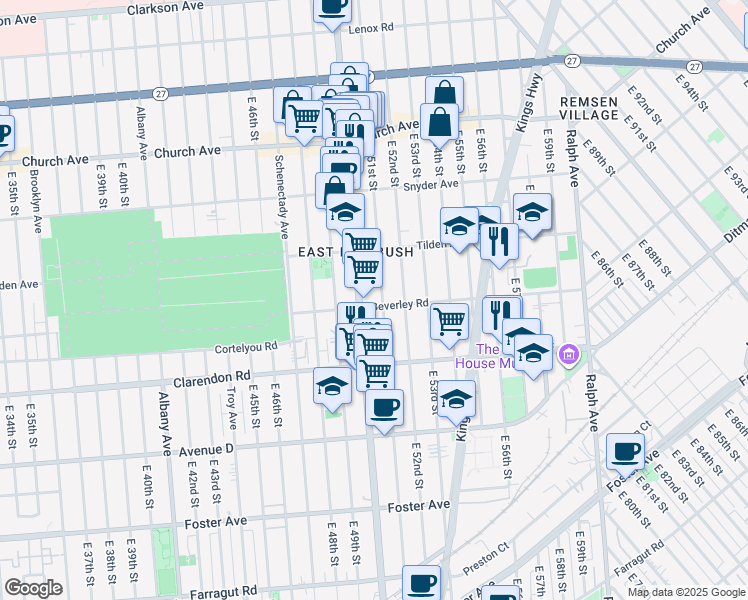 map of restaurants, bars, coffee shops, grocery stores, and more near 594 East 51st Street in Brooklyn