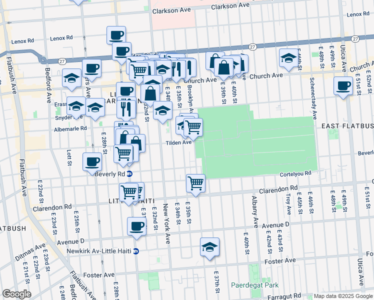 map of restaurants, bars, coffee shops, grocery stores, and more near 333 East 35th Street in Brooklyn