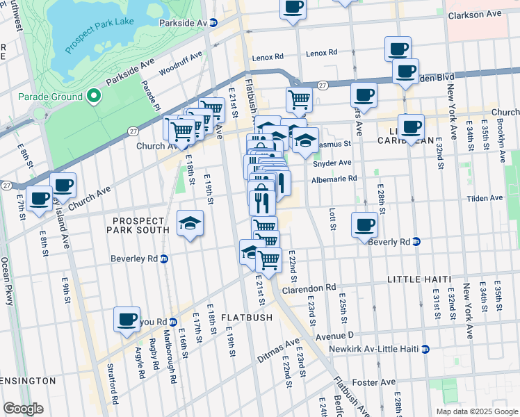 map of restaurants, bars, coffee shops, grocery stores, and more near 305 East 21st Street in Brooklyn