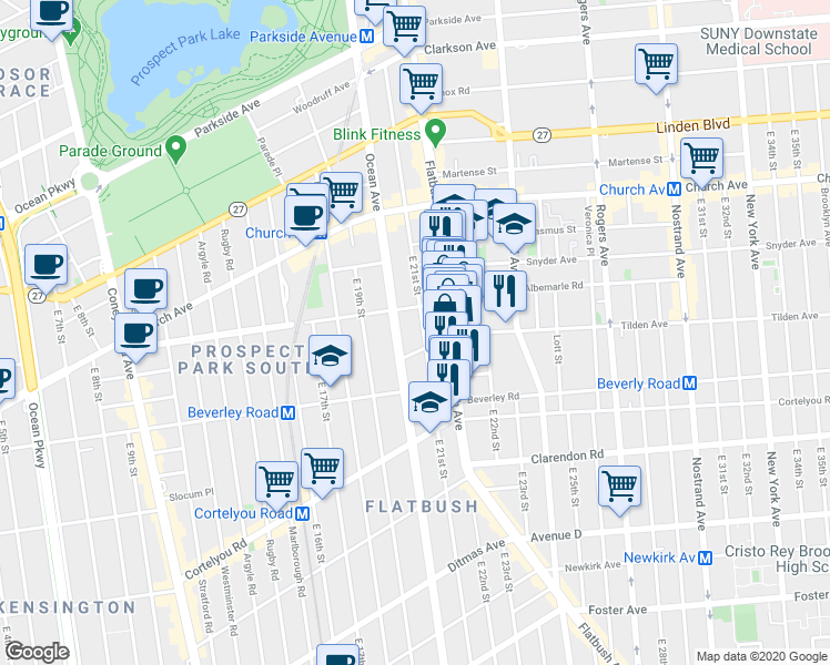 map of restaurants, bars, coffee shops, grocery stores, and more near 305 East 21st Street in Brooklyn