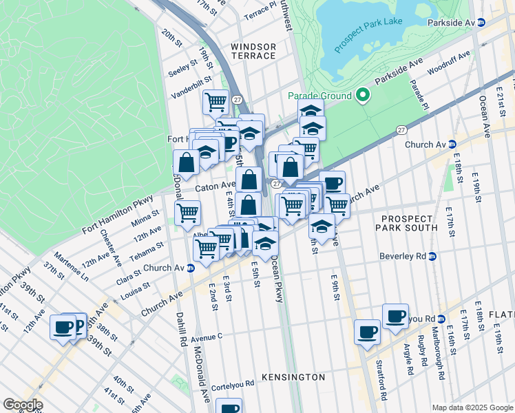 map of restaurants, bars, coffee shops, grocery stores, and more near 132 Ocean Parkway in Brooklyn