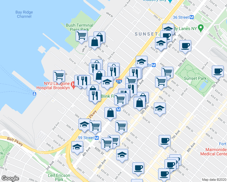 map of restaurants, bars, coffee shops, grocery stores, and more near 5114 3rd Avenue in Brooklyn