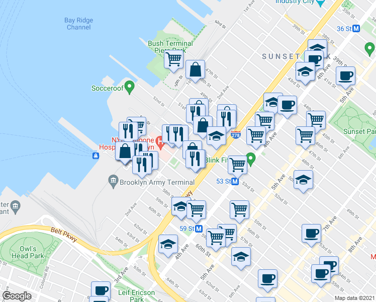 map of restaurants, bars, coffee shops, grocery stores, and more near 5323 2nd Avenue in Brooklyn