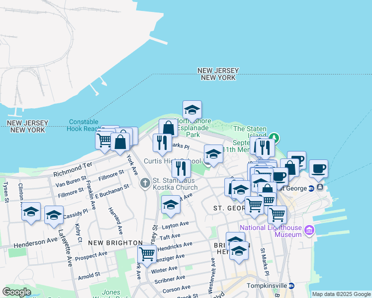 map of restaurants, bars, coffee shops, grocery stores, and more near 83 Saint Marks Place in Staten Island