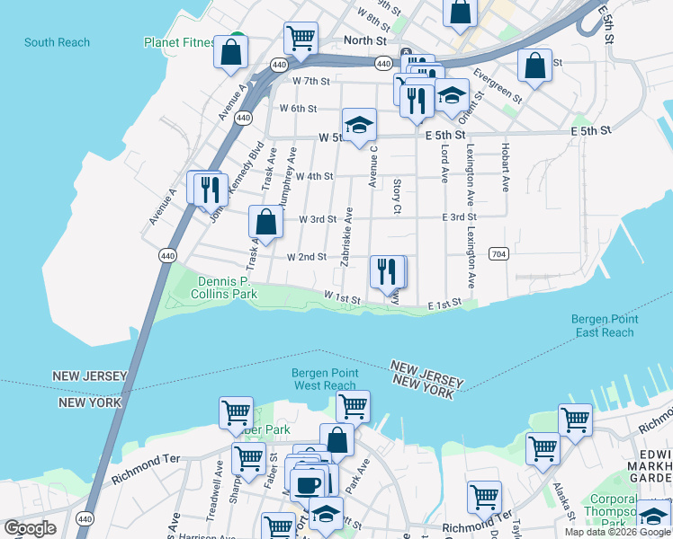 map of restaurants, bars, coffee shops, grocery stores, and more near 59 West 2nd Street in Bayonne
