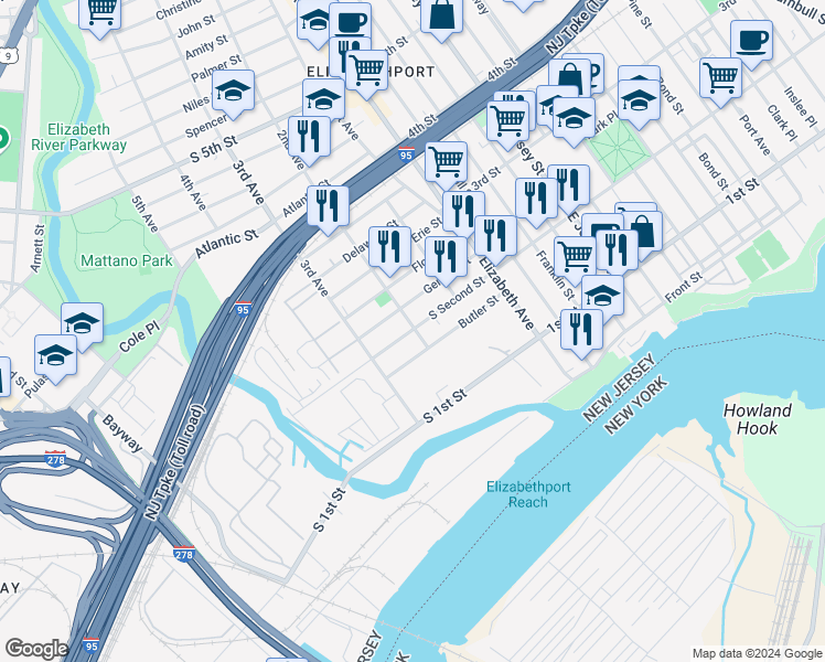 map of restaurants, bars, coffee shops, grocery stores, and more near 76 Geneva Street in Elizabeth
