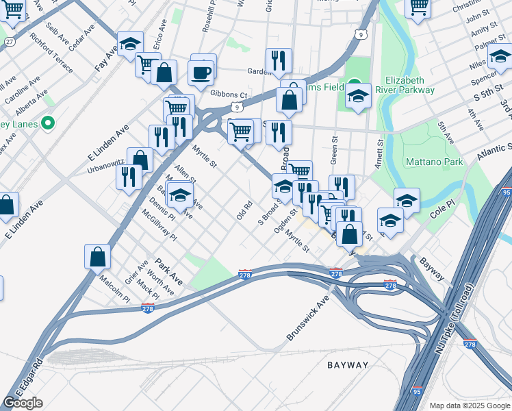 map of restaurants, bars, coffee shops, grocery stores, and more near 730 Myrtle Street in Elizabeth