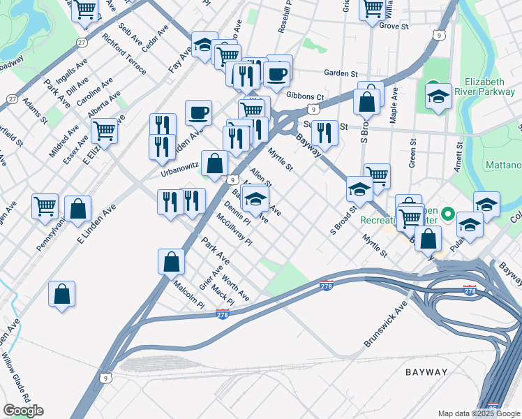 map of restaurants, bars, coffee shops, grocery stores, and more near 703 Bacheller Avenue in Linden